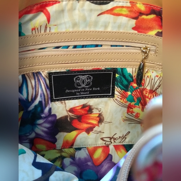 Sharif Hand Painted Tan Leather Purse Gorgeous Pink Florals - Picture 4 of 15